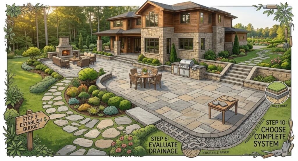 Beautiful patio with stylish paver design, outdoor furniture, and landscaping